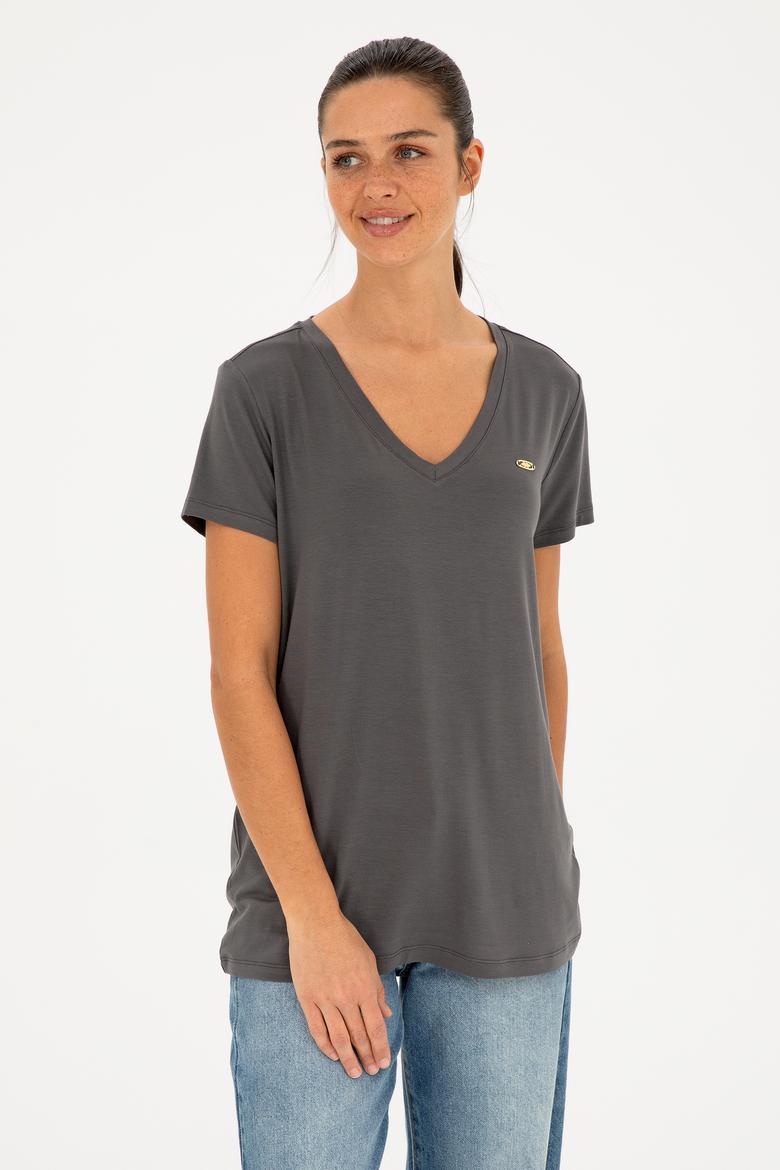 Kadın Antrasit V Yaka Basic Tişört