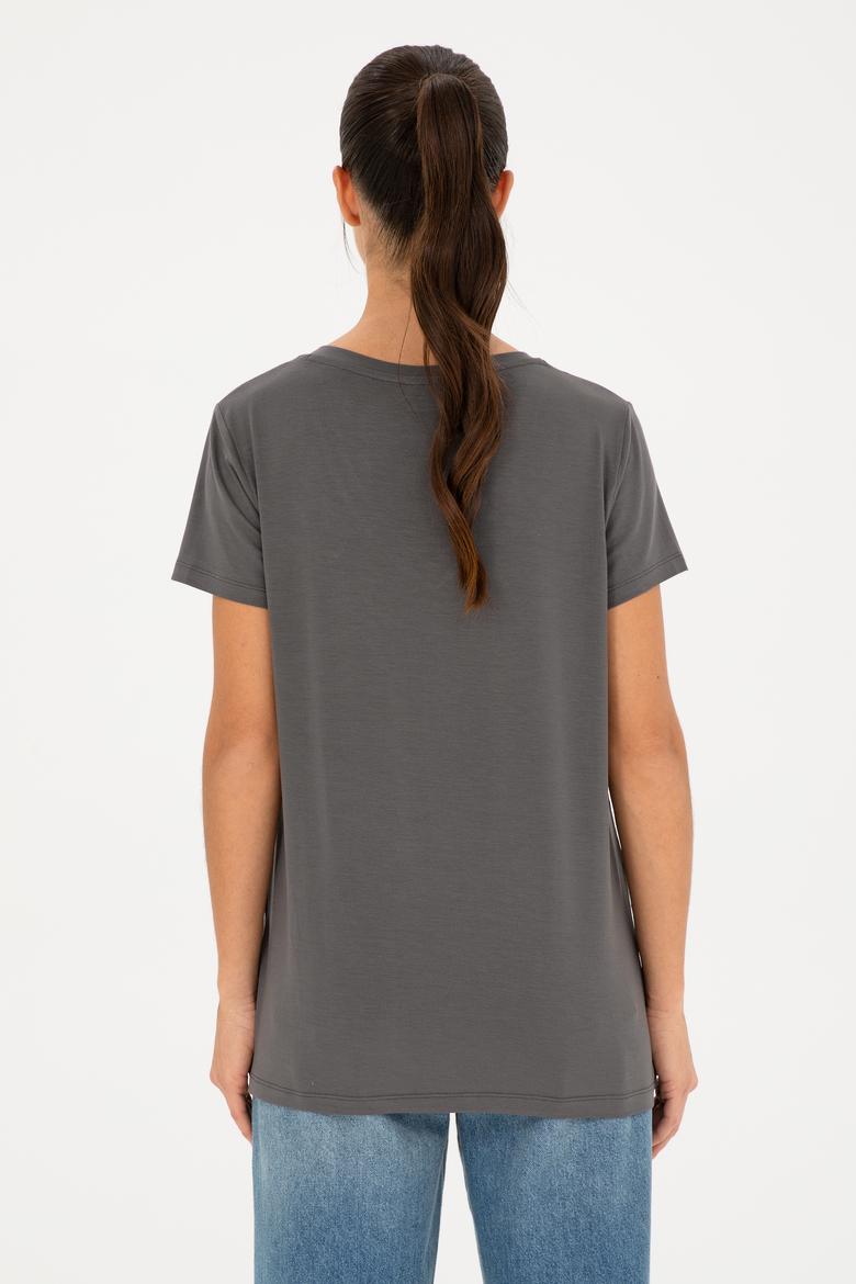 Kadın Antrasit V Yaka Basic Tişört - 50280019193