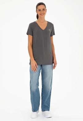 Kadın Antrasit V Yaka Basic Tişört - 50280019193