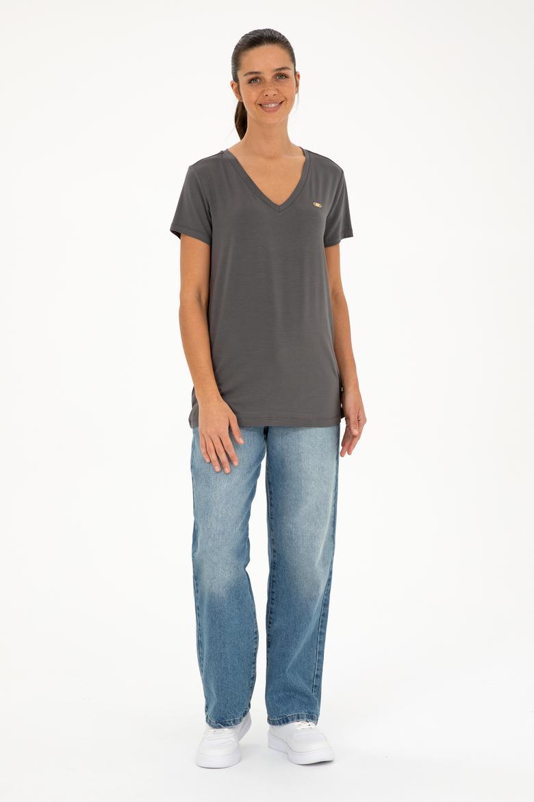 Kadın Antrasit V Yaka Basic Tişört - 50280019193