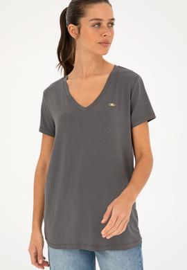 Kadın Antrasit V Yaka Basic Tişört - 50280019193