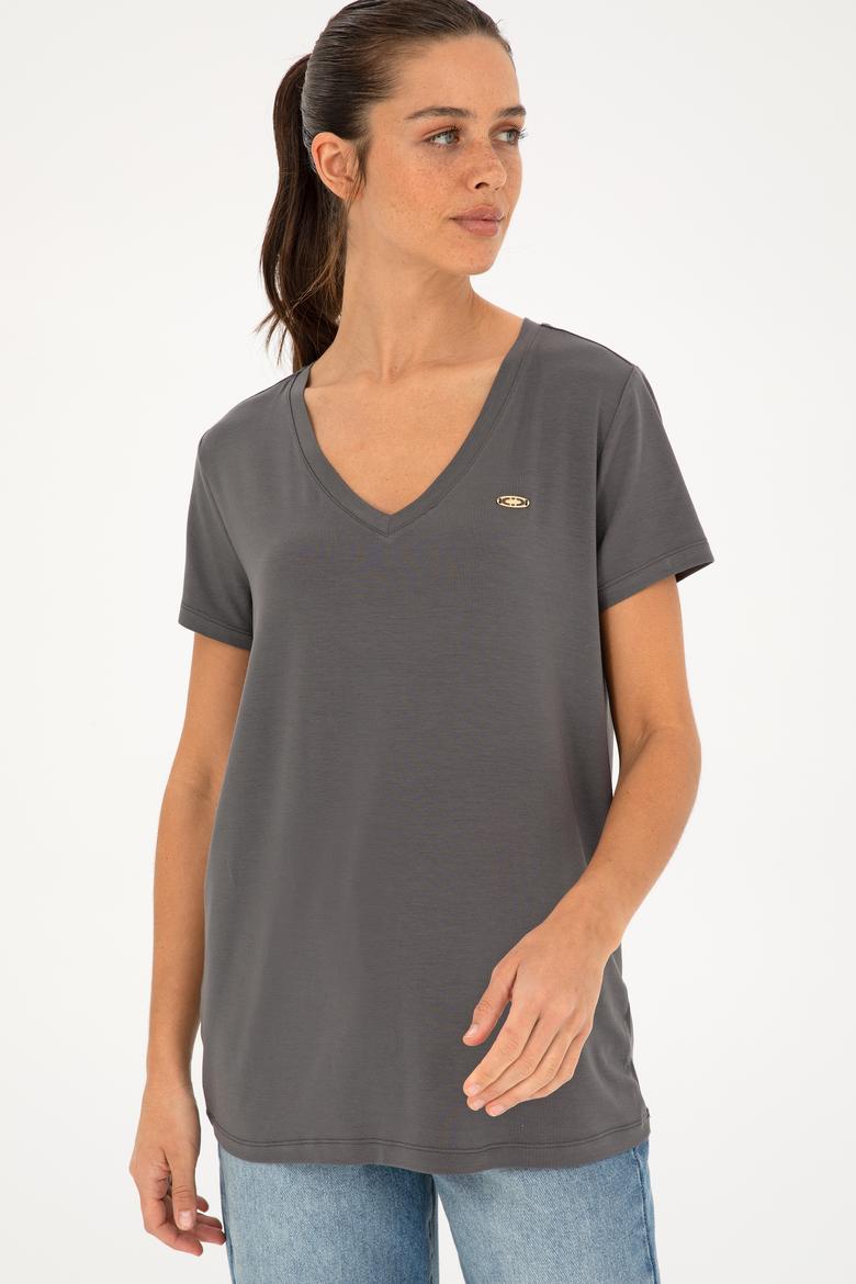 Kadın Antrasit V Yaka Basic Tişört - 50280019193