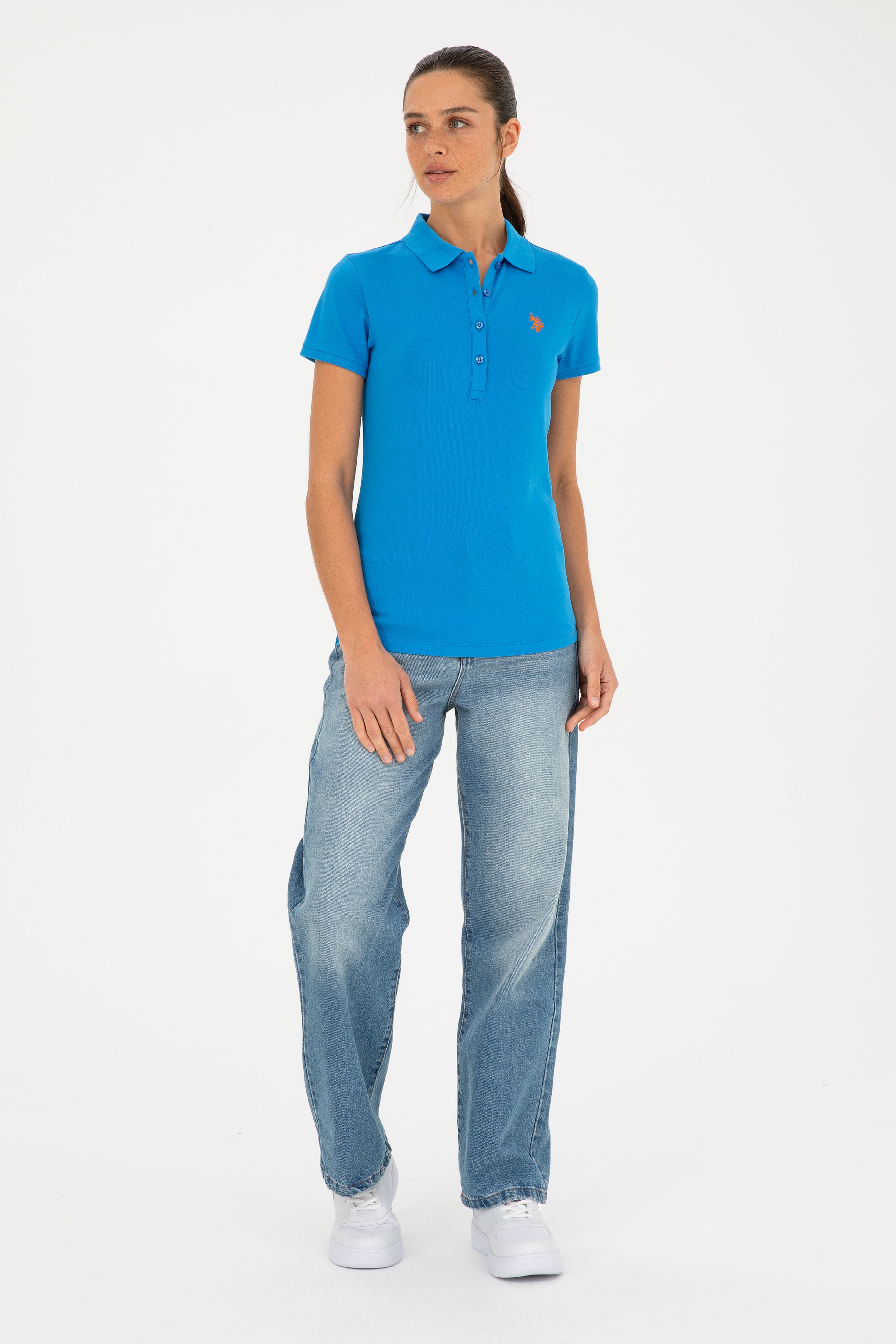 Kadın Saks Basic Polo Yaka Tişört - Image 4