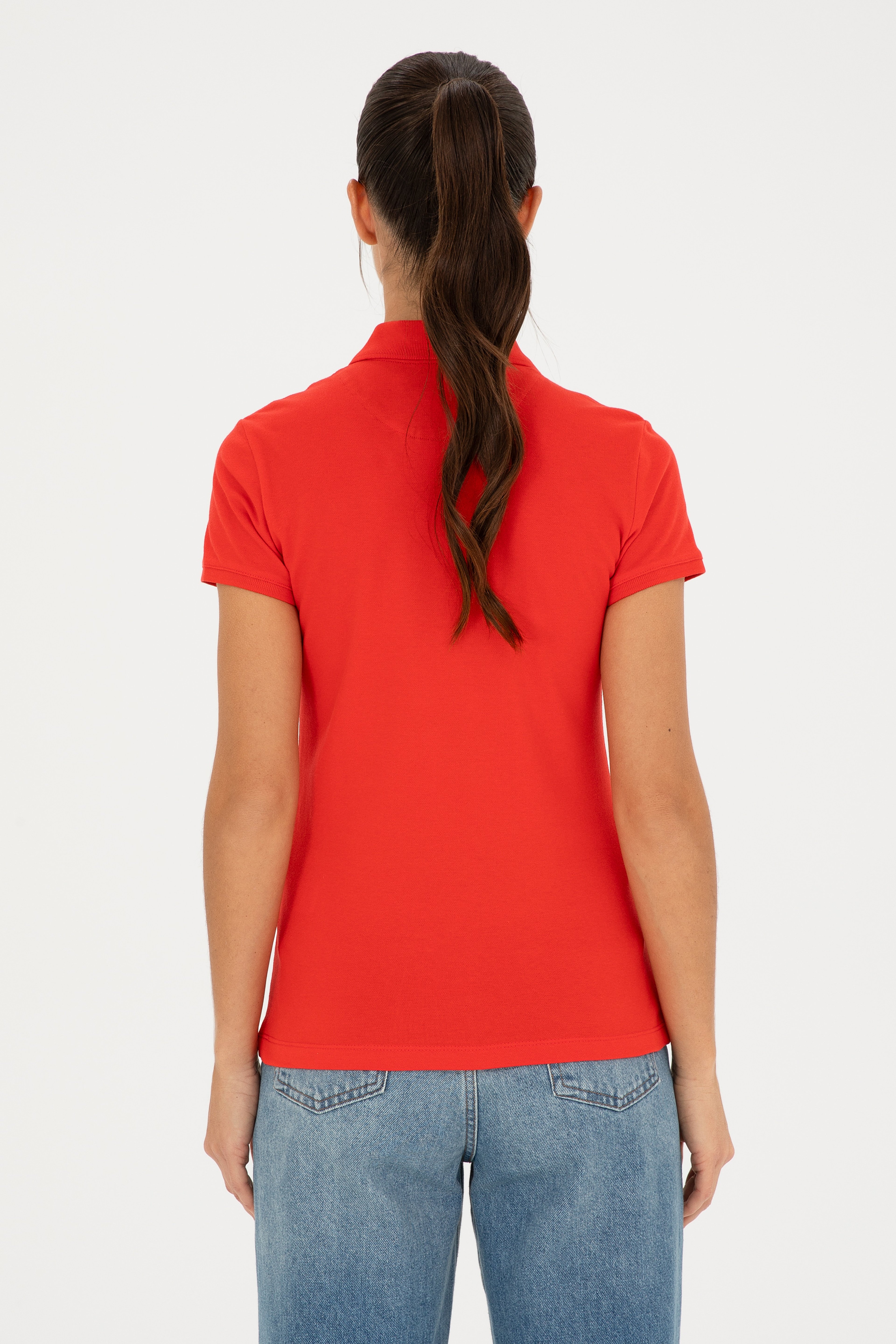 Kadın Kırmızı Basic Polo Yaka Tişört - Image 5