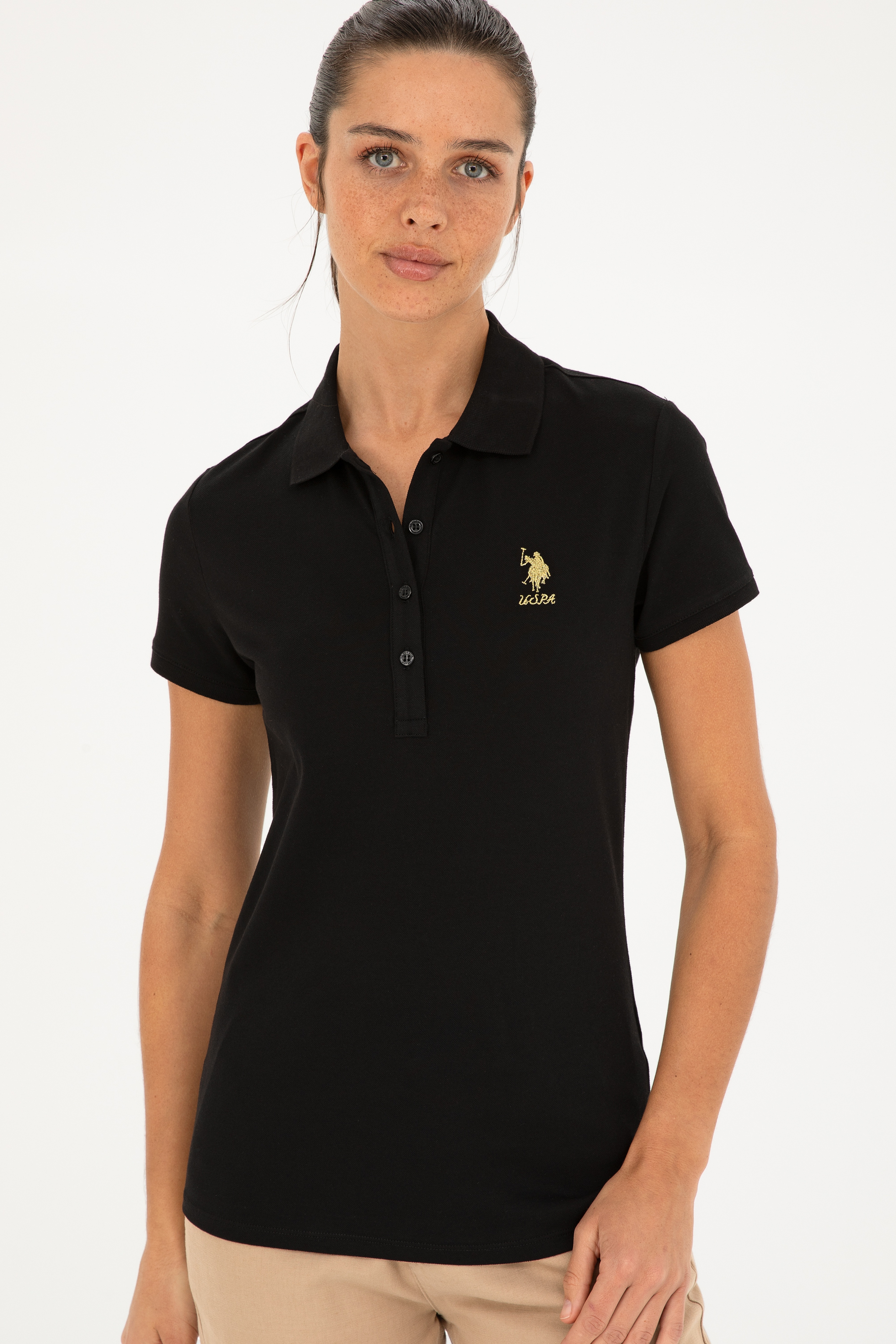 Kadın Siyah Basic Polo Yaka Tişört - Image 3