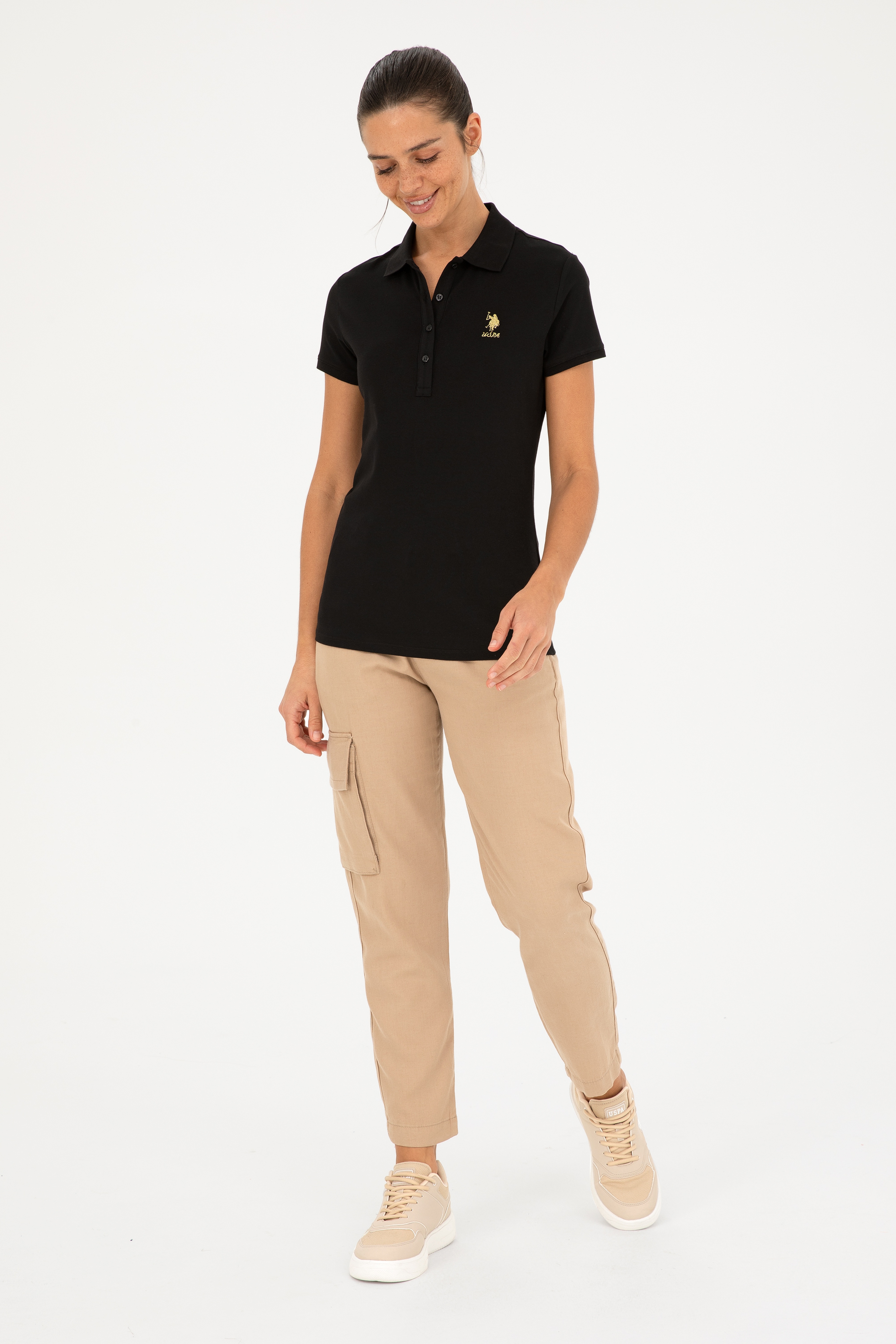 Kadın Siyah Basic Polo Yaka Tişört - Image 4