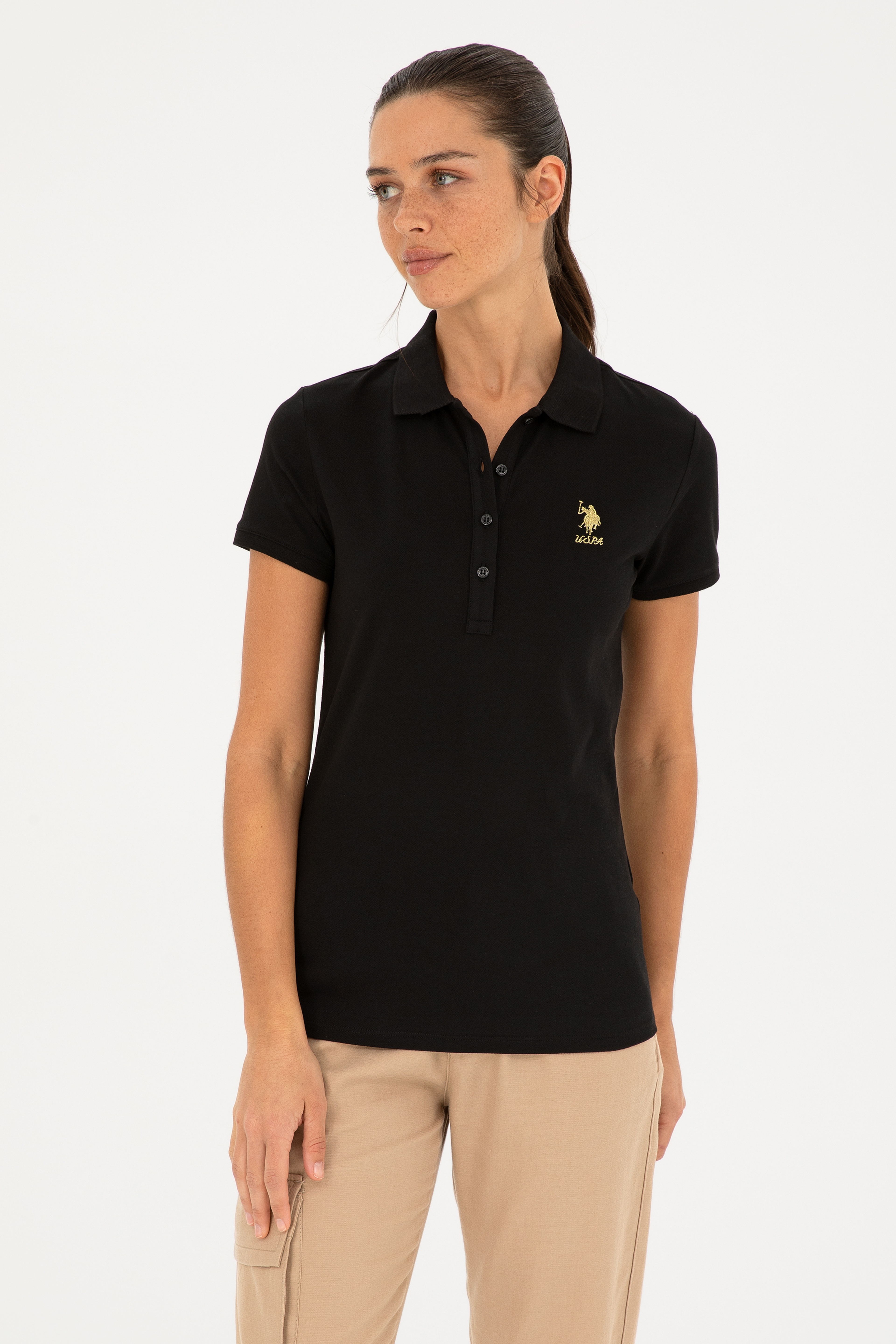 Kadın Siyah Basic Polo Yaka Tişört - Image 1