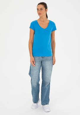 Kadın Saks V Yaka Basic Tişört - 50280068034