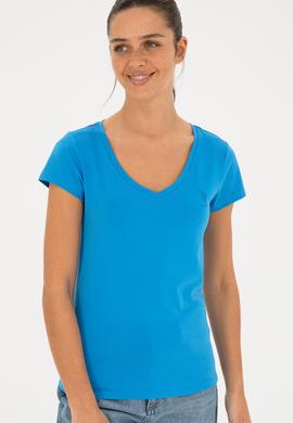 Kadın Saks V Yaka Basic Tişört - 50280068034