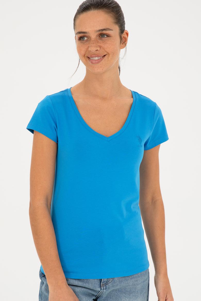 Kadın Saks V Yaka Basic Tişört - 50280068034