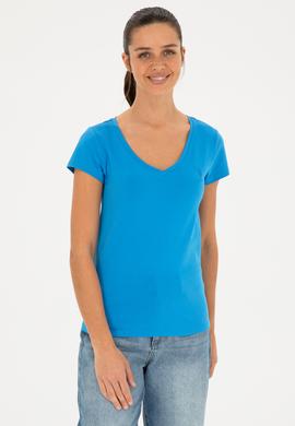 Kadın Saks V Yaka Basic Tişört - 50280068034