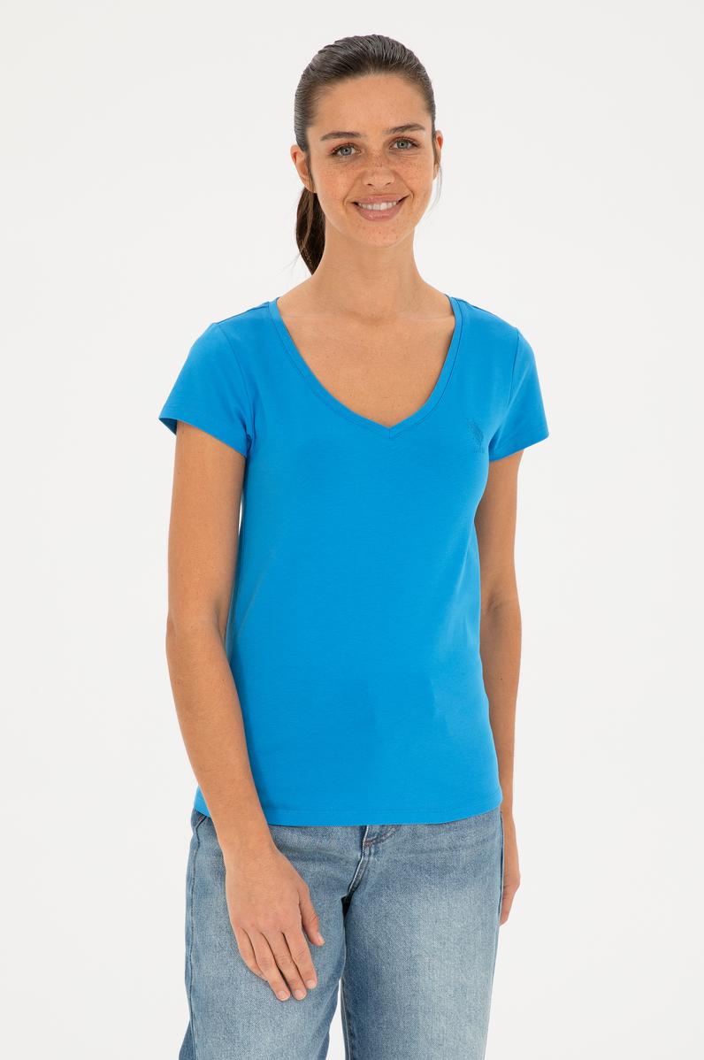 Kadın Saks V Yaka Basic Tişört