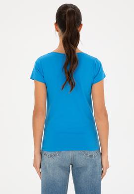 Kadın Saks V Yaka Basic Tişört - 50280068034