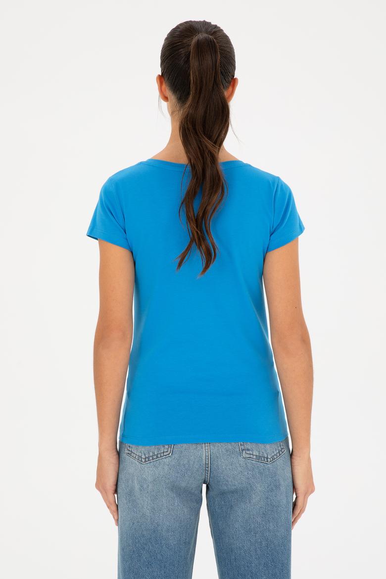 Kadın Saks V Yaka Basic Tişört - 50280068034