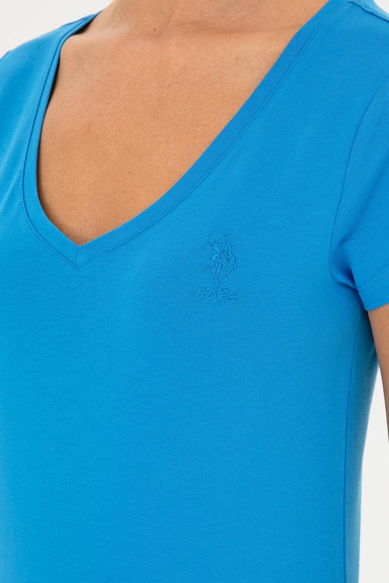 Kadın Saks V Yaka Basic Tişört - 50280068034