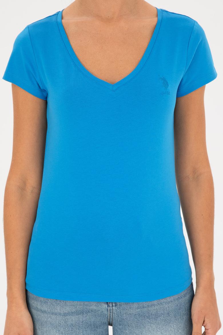 Kadın Saks V Yaka Basic Tişört - 50280068034