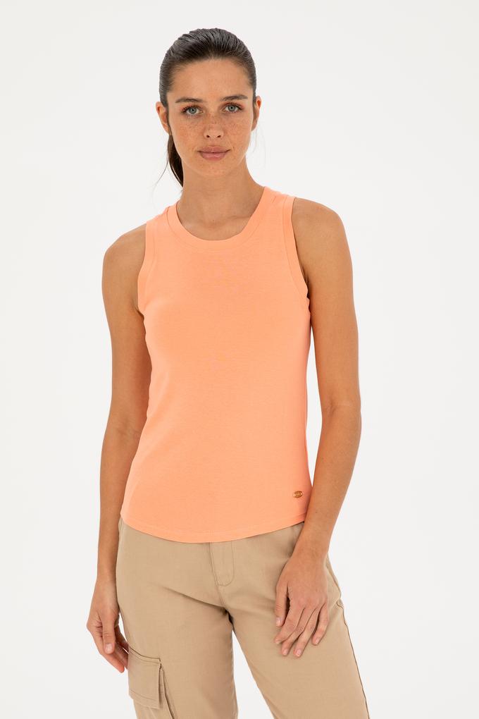 Kadın Somon Bisiklet Yaka Kolsuz Basic Tişört