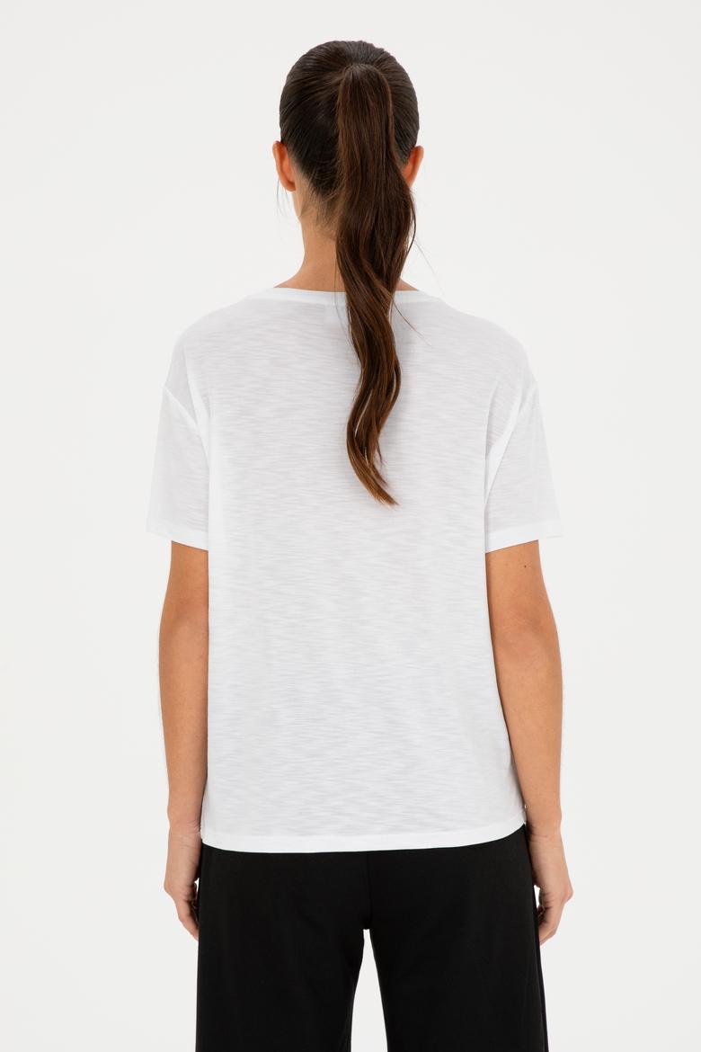 Kadın Beyaz Bisiklet Yaka Tişört - 50284350006