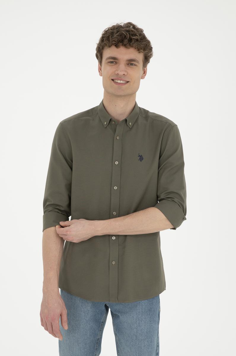 Erkek Haki Uzun Kollu Basic Gömlek