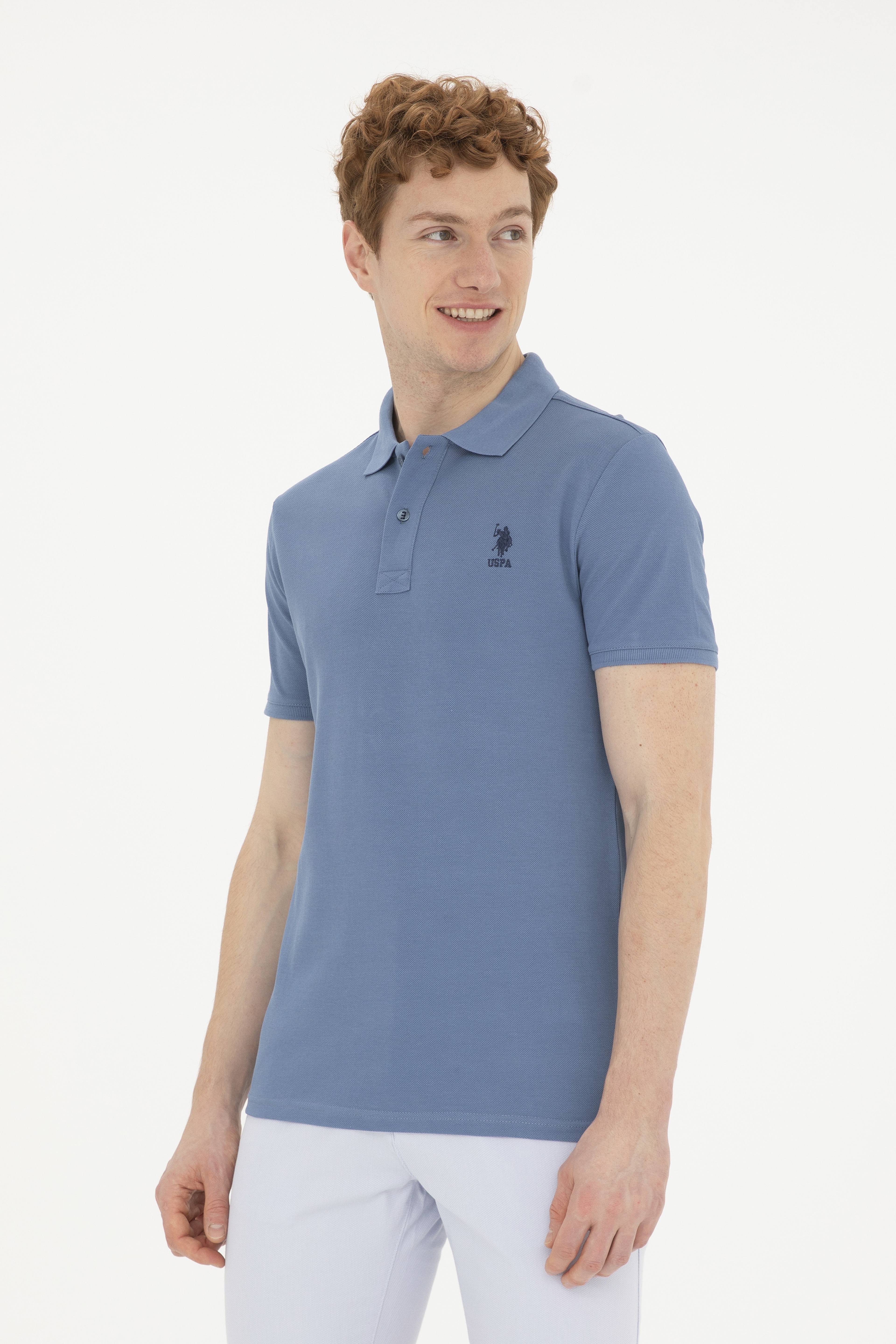 Erkek Slim Fit Polo Yaka İndigo Basic Tişört