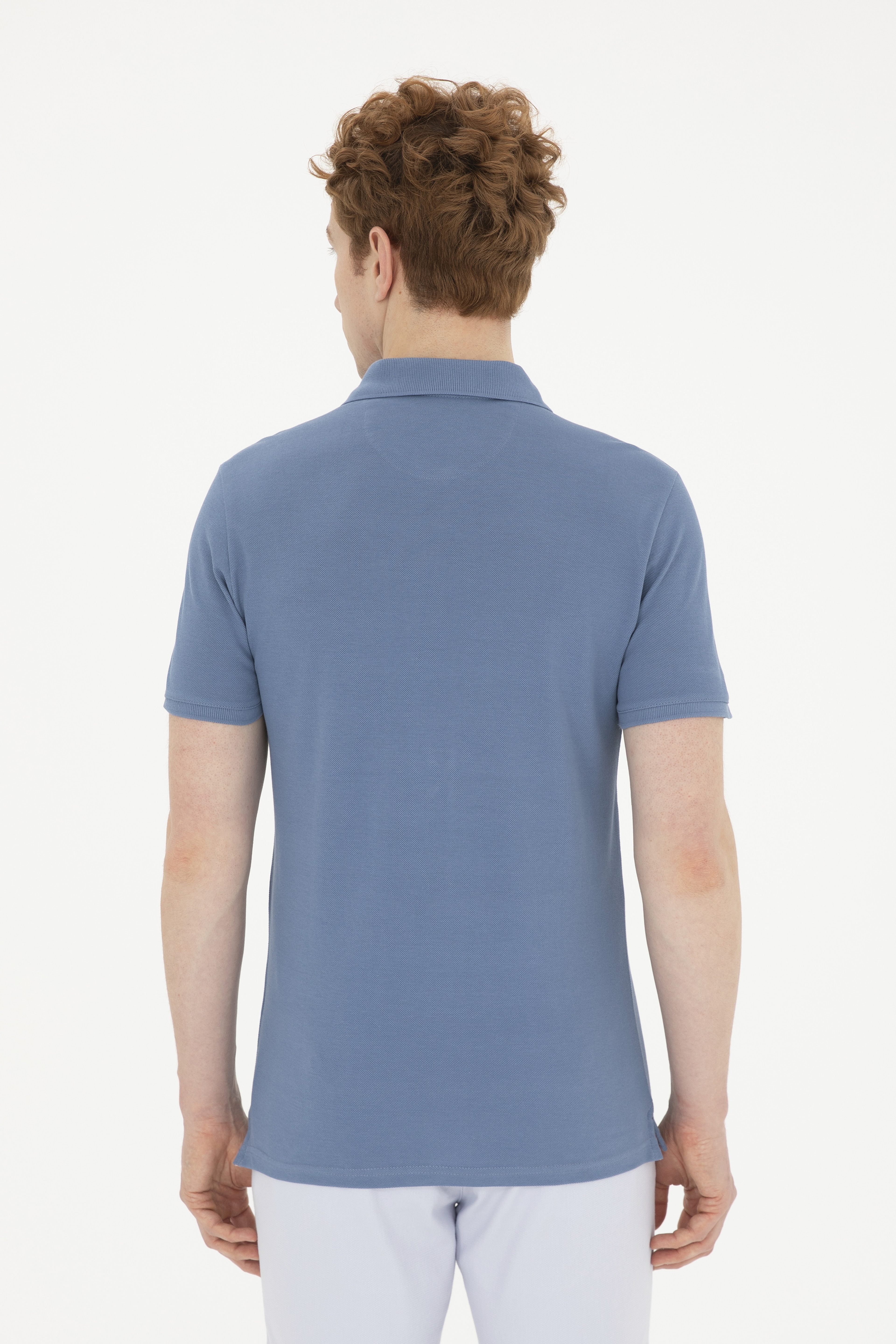 Erkek Slim Fit Polo Yaka İndigo Basic Tişört - Image 5