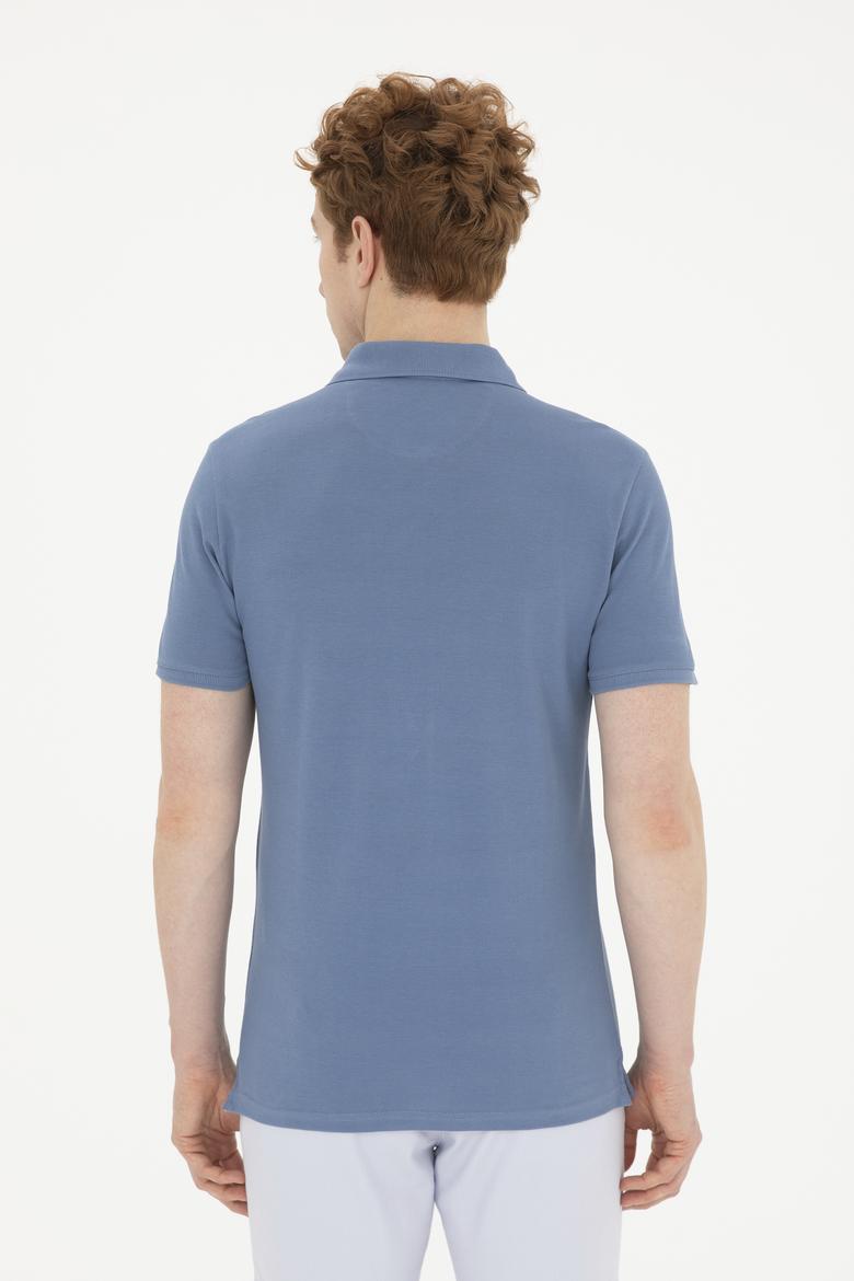Erkek Slim Fit Polo Yaka İndigo Basic Tişört - 50263238084