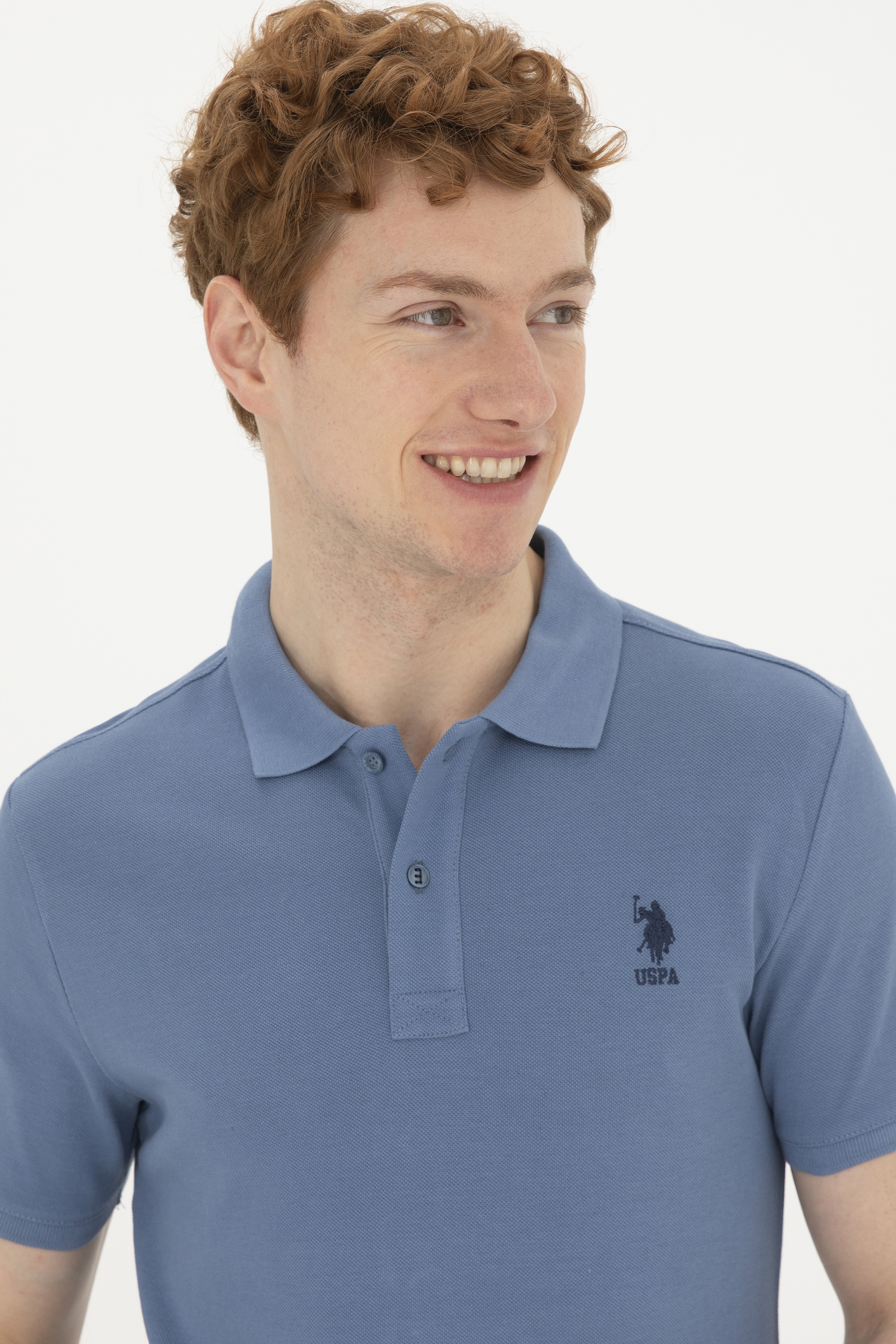 Erkek Slim Fit Polo Yaka İndigo Basic Tişört - Image 2