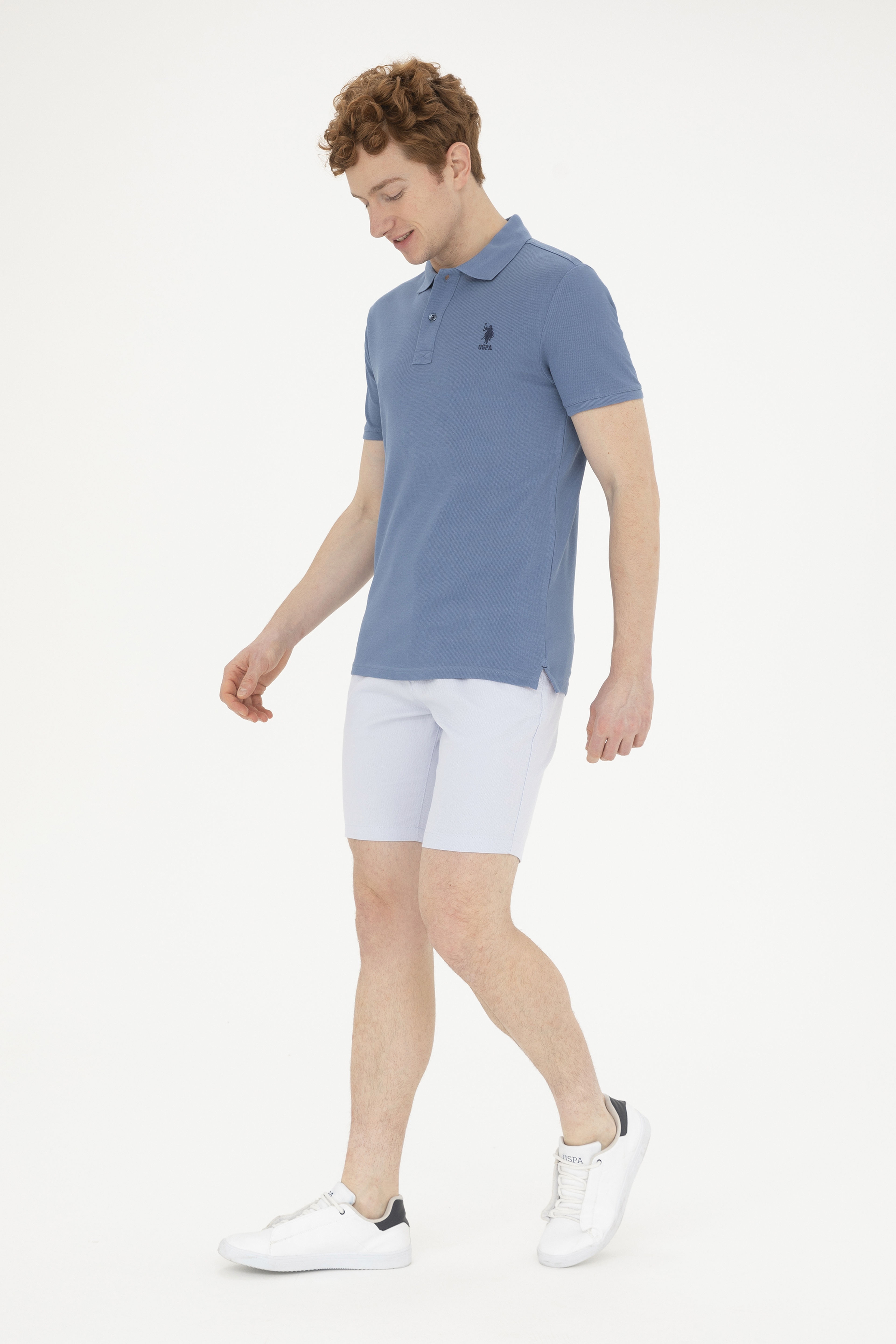 Erkek Slim Fit Polo Yaka İndigo Basic Tişört - Image 4
