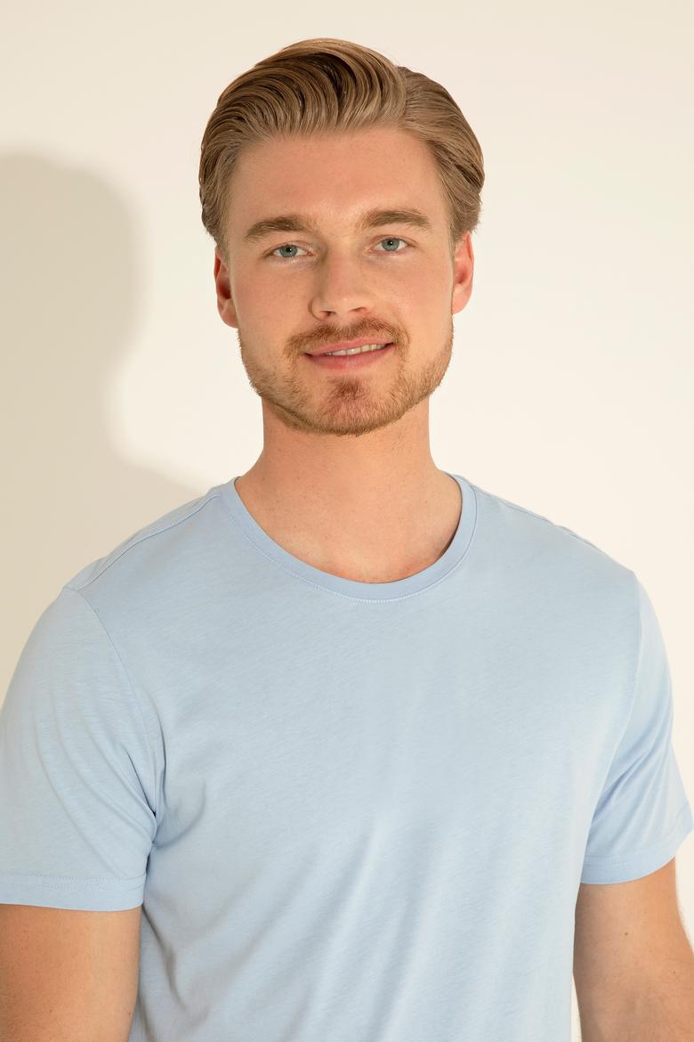 Erkek Regular Fit Bisiklet Yaka Açık Mavi Tişört - 50287085071
