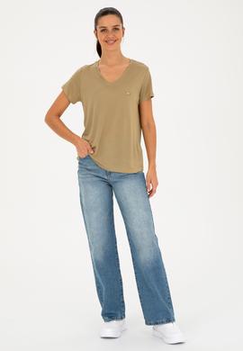 Kadın Haki V Yaka Tişört - 50286055008