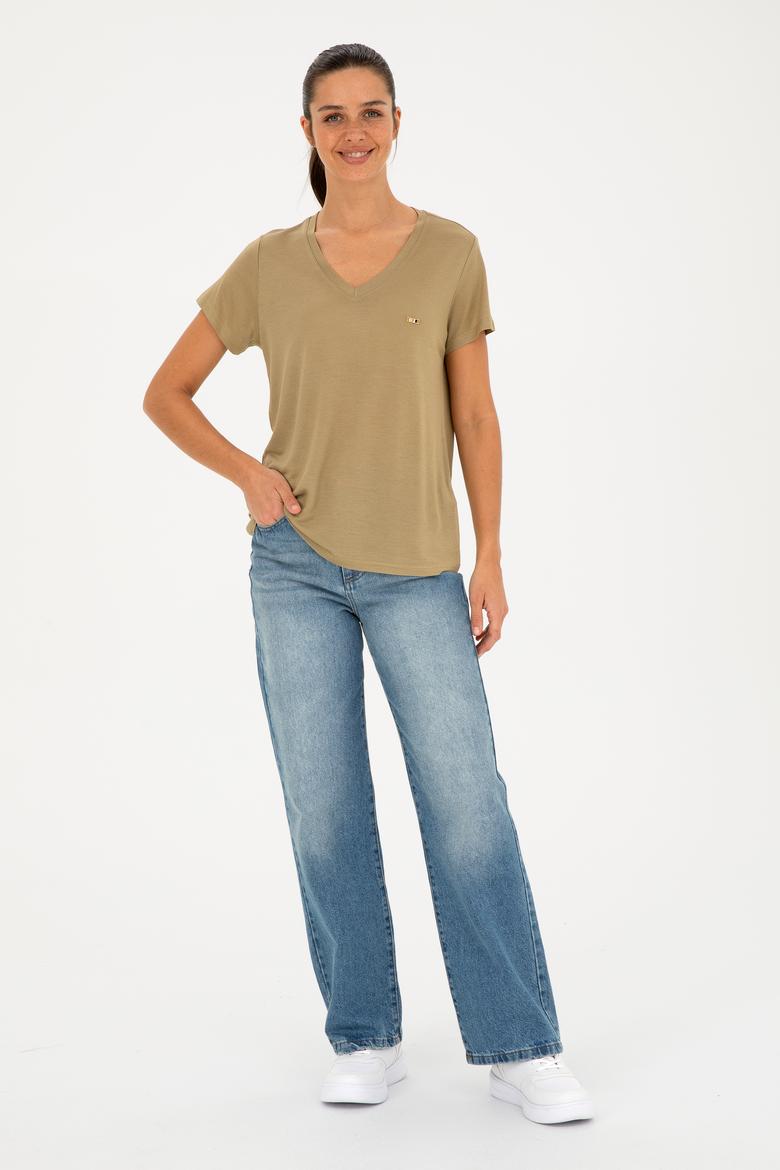 Kadın Haki V Yaka Tişört - 50286055008