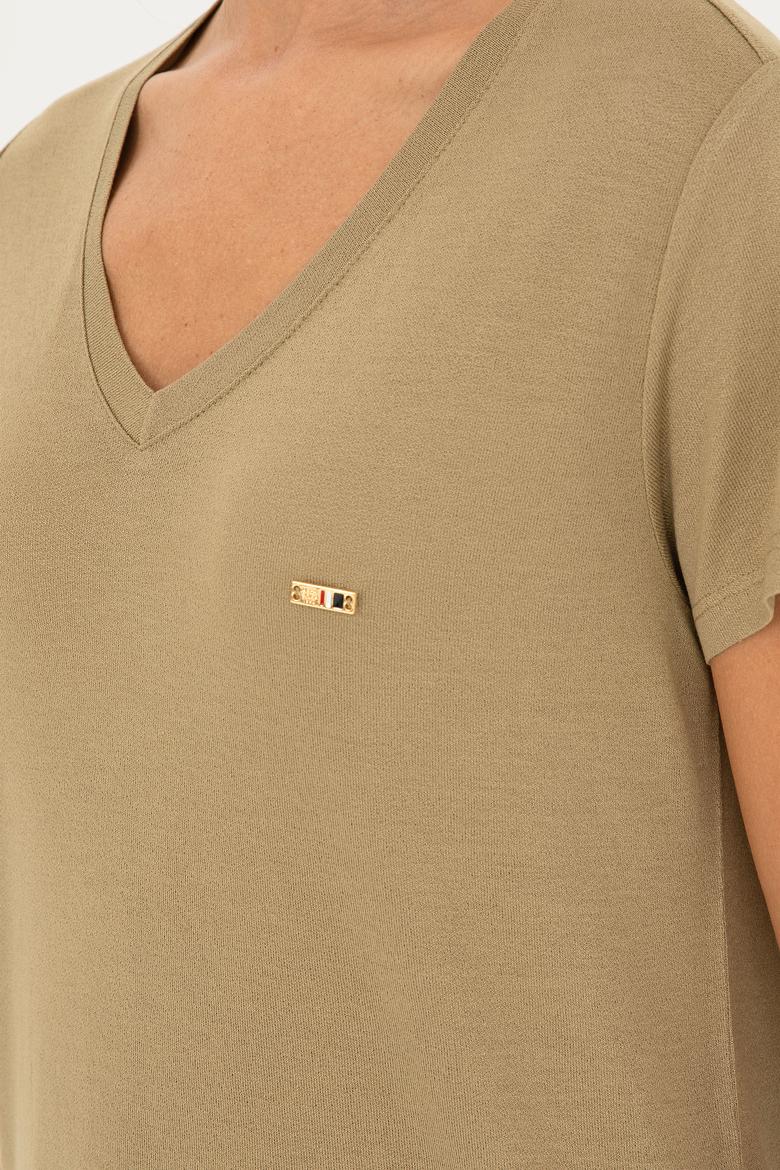 Kadın Haki V Yaka Tişört - 50286055008