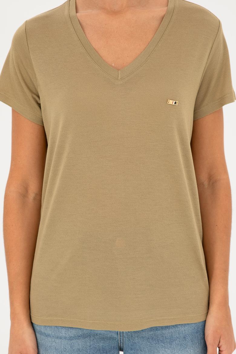 Kadın Haki V Yaka Tişört - 50286055008