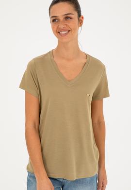 Kadın Haki V Yaka Tişört - 50286055008