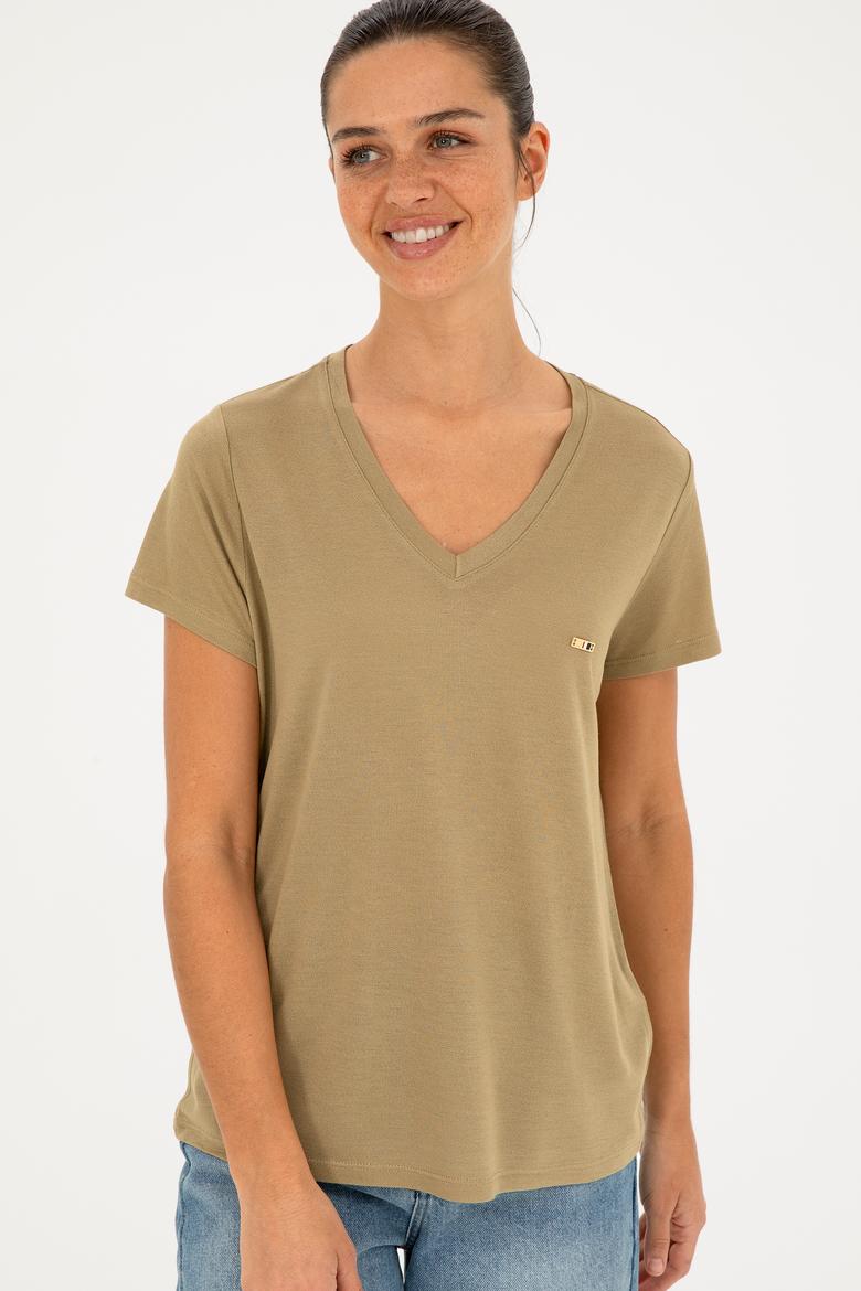 Kadın Haki V Yaka Tişört - 50286055008