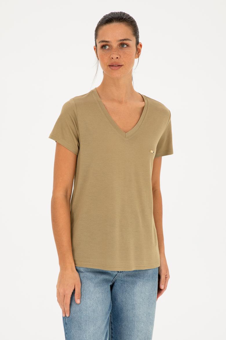 Kadın Haki V Yaka Tişört