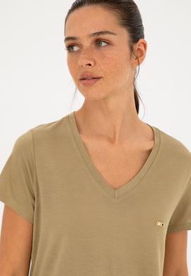 Kadın Haki V Yaka Tişört - 50286055008