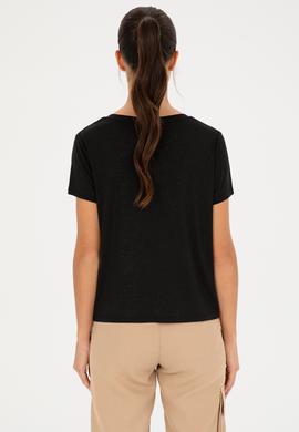 Kadın Simli Siyah V Yaka Tişört - 50286111037