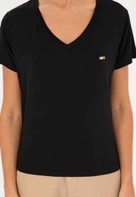 Kadın Simli Siyah V Yaka Tişört - 50286111037