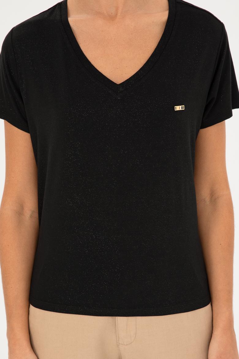 Kadın Simli Siyah V Yaka Tişört - 50286111037