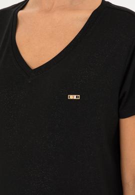 Kadın Simli Siyah V Yaka Tişört - 50286111037