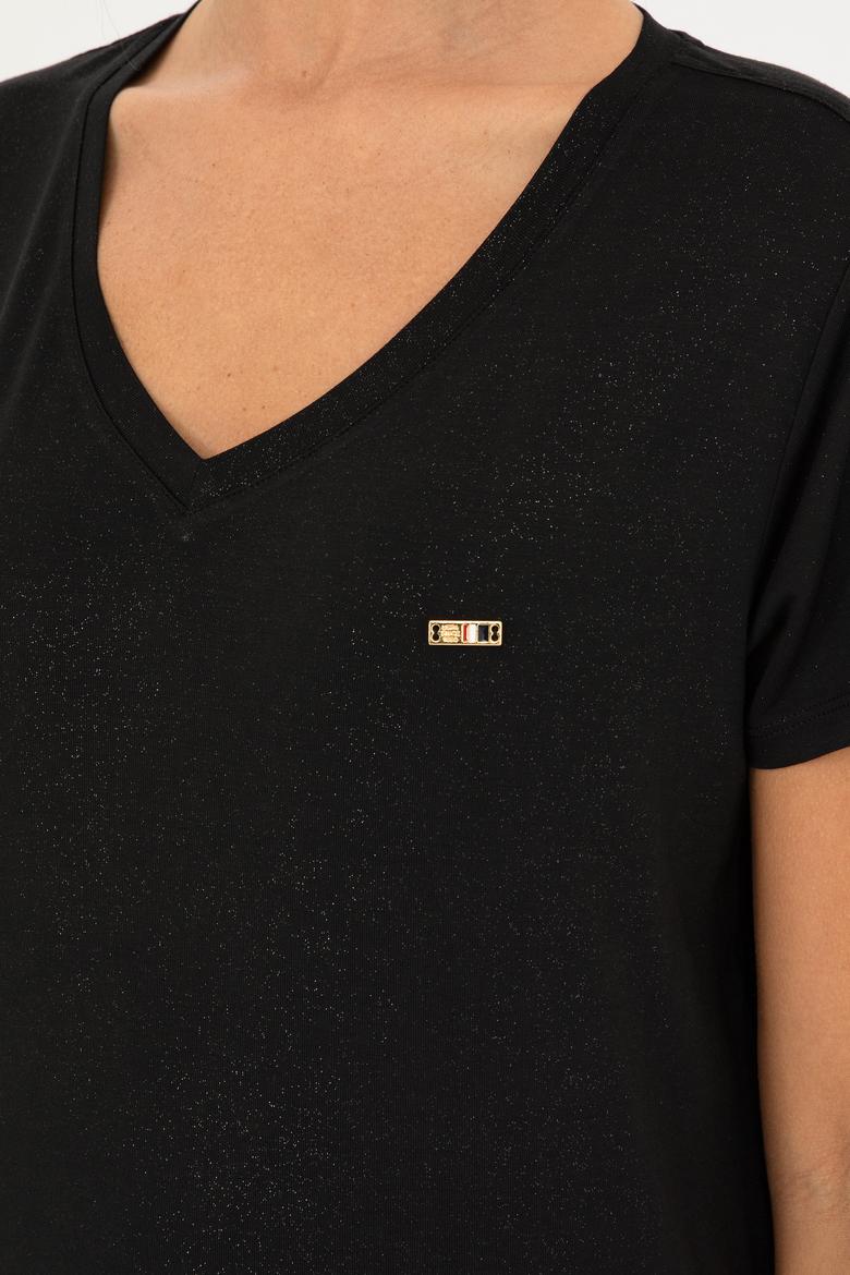 Kadın Simli Siyah V Yaka Tişört - 50286111037
