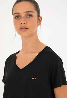 Kadın Simli Siyah V Yaka Tişört - 50286111037