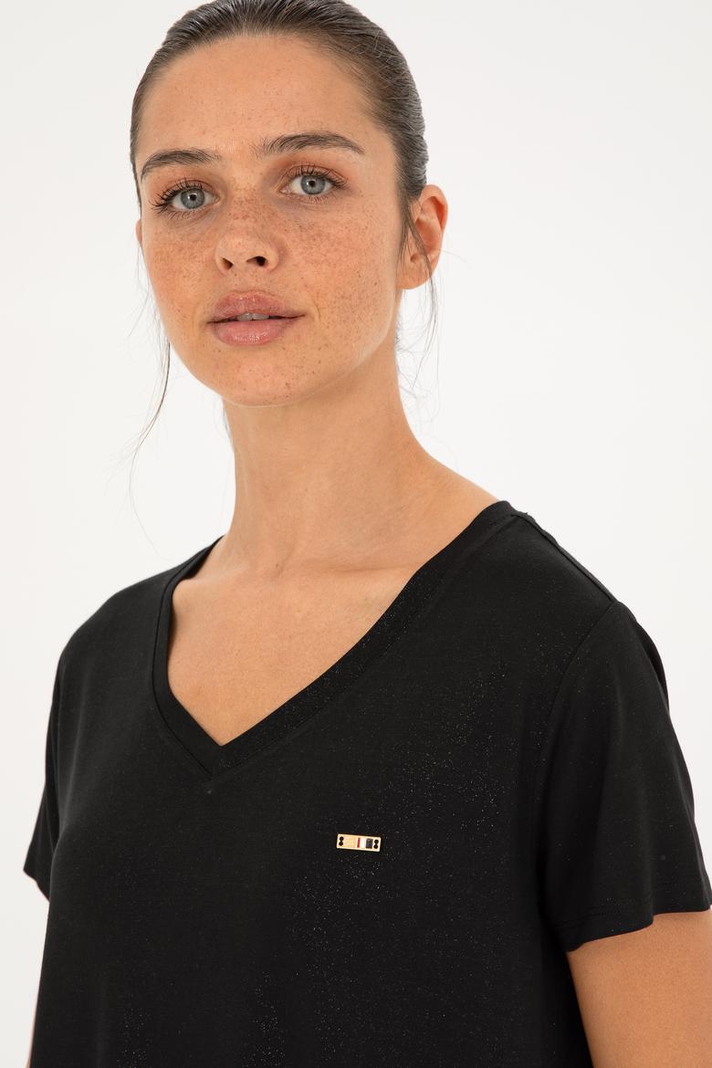 Kadın Simli Siyah V Yaka Tişört - 50286111037