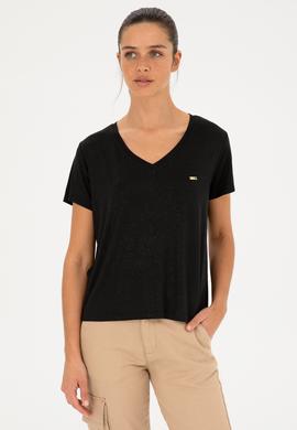 Kadın Simli Siyah V Yaka Tişört - 50286111037