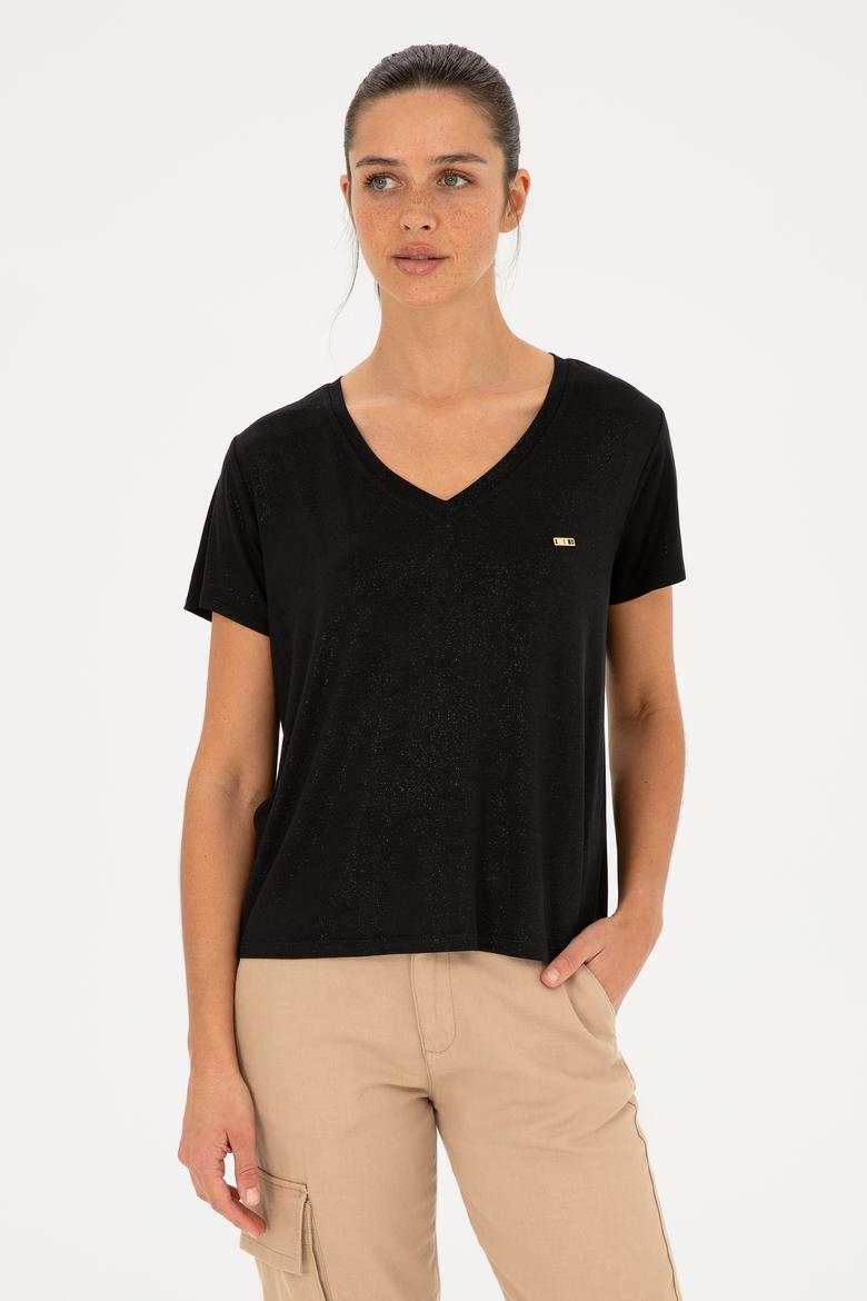 Kadın Simli Siyah V Yaka Tişört