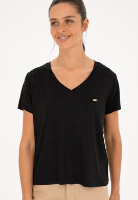 Kadın Simli Siyah V Yaka Tişört - 50286111037
