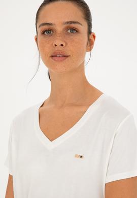 Kadın Simli Beyaz V Yaka Tişört - 50286111043