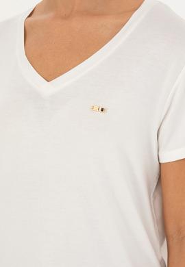 Kadın Simli Beyaz V Yaka Tişört - 50286111043