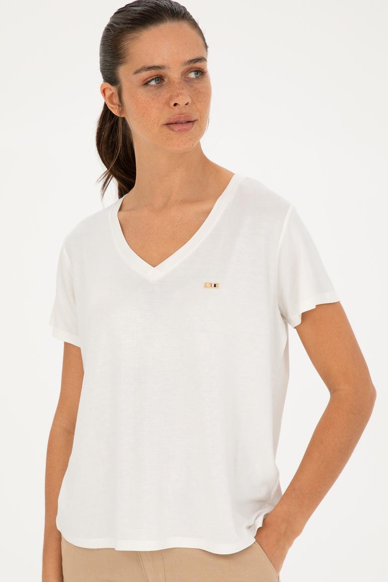Kadın Simli Beyaz V Yaka Tişört - 50286111043